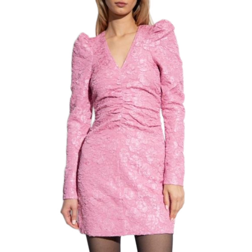Ganni Stretch Jacquard V Neck Mini Dress Orchid Smoke Puff Sleeve Pink Y2K - Picture 6 of 6